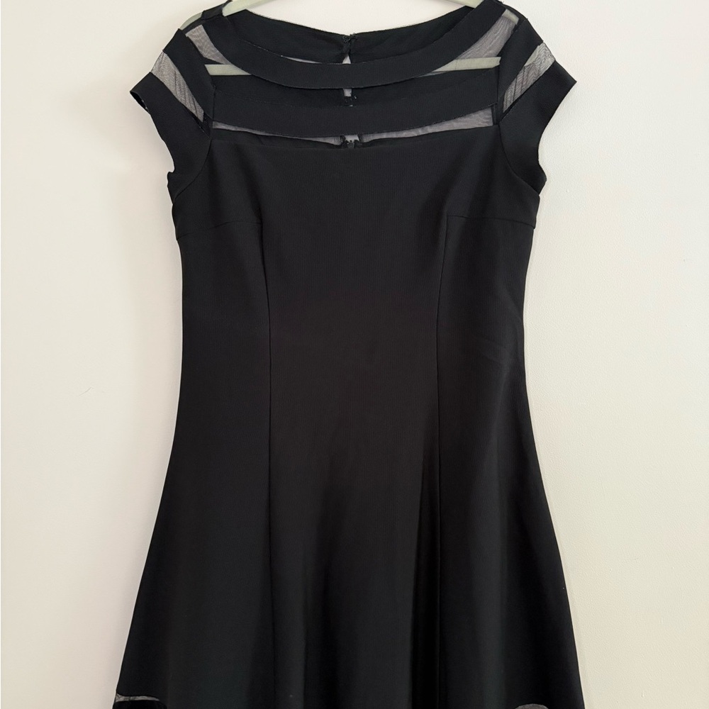 Illusion Panel Little Black Cocktail Dress plus size 16, Sheer Stripe Boatneck